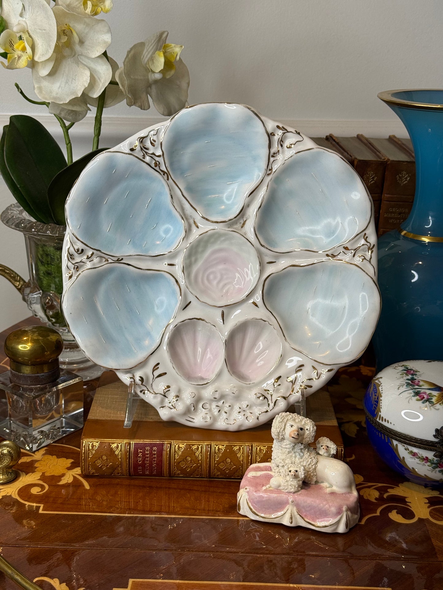RESERVED - KRYSTIESHIRAH - Antique French 9”D Porcelain Oyster Plate | Pale Blue & Lavender Luster Wells with Gilt Accents | c.1900