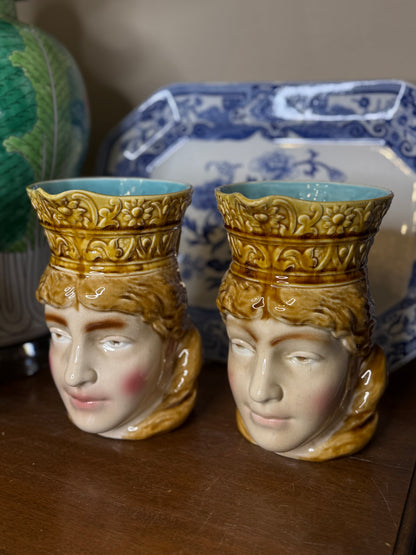 Pair Antique Sarreguemines Majolica Norwegian Woman Figural Vases | French Majolique | Victorian c.1880–1900