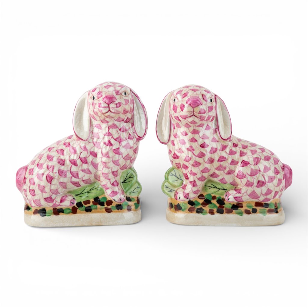 Danny's Fine Porcelain: Staffordshire Bunny Hare Pair in Pink Fishnet – Hand-Painted Porcelain with Gold Detail, 8Lx4Wx8.5H" #41429