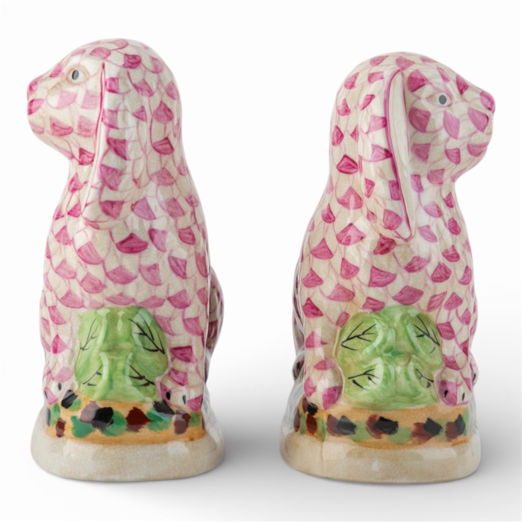 Danny's Fine Porcelain: Staffordshire Bunny Hare Pair in Pink Fishnet – Hand-Painted Porcelain with Gold Detail, 8Lx4Wx8.5H" #41429