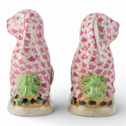 Danny's Fine Porcelain: Staffordshire Bunny Hare Pair in Pink Fishnet – Hand-Painted Porcelain with Gold Detail, 8Lx4Wx8.5H" #41429
