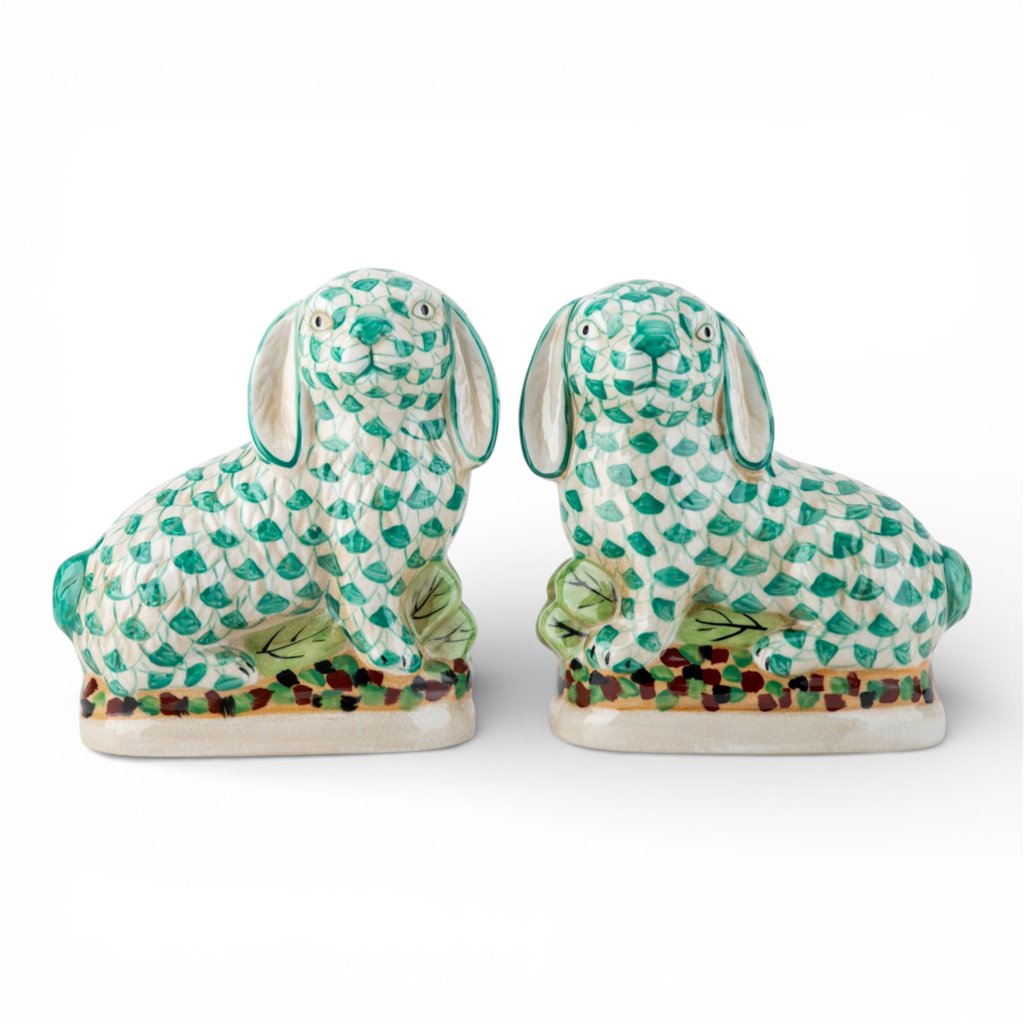 Danny's Fine Porcelain: Staffordshire Bunny Hare Pair in Green Fishnet – Hand-Painted Porcelain with Gold Detail, 8Lx4Wx8.5H" #41430
