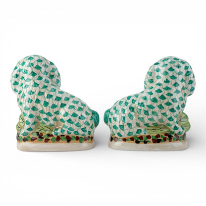 Danny's Fine Porcelain: Staffordshire Bunny Hare Pair in Green Fishnet – Hand-Painted Porcelain with Gold Detail, 8Lx4Wx8.5H" #41430