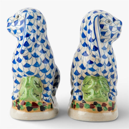 Danny's Fine Porcelain: Staffordshire Bunny Hare Pair in Blue Fishnet – Hand-Painted Porcelain with Gold Detail, 8Lx4Wx8.5H" #41431