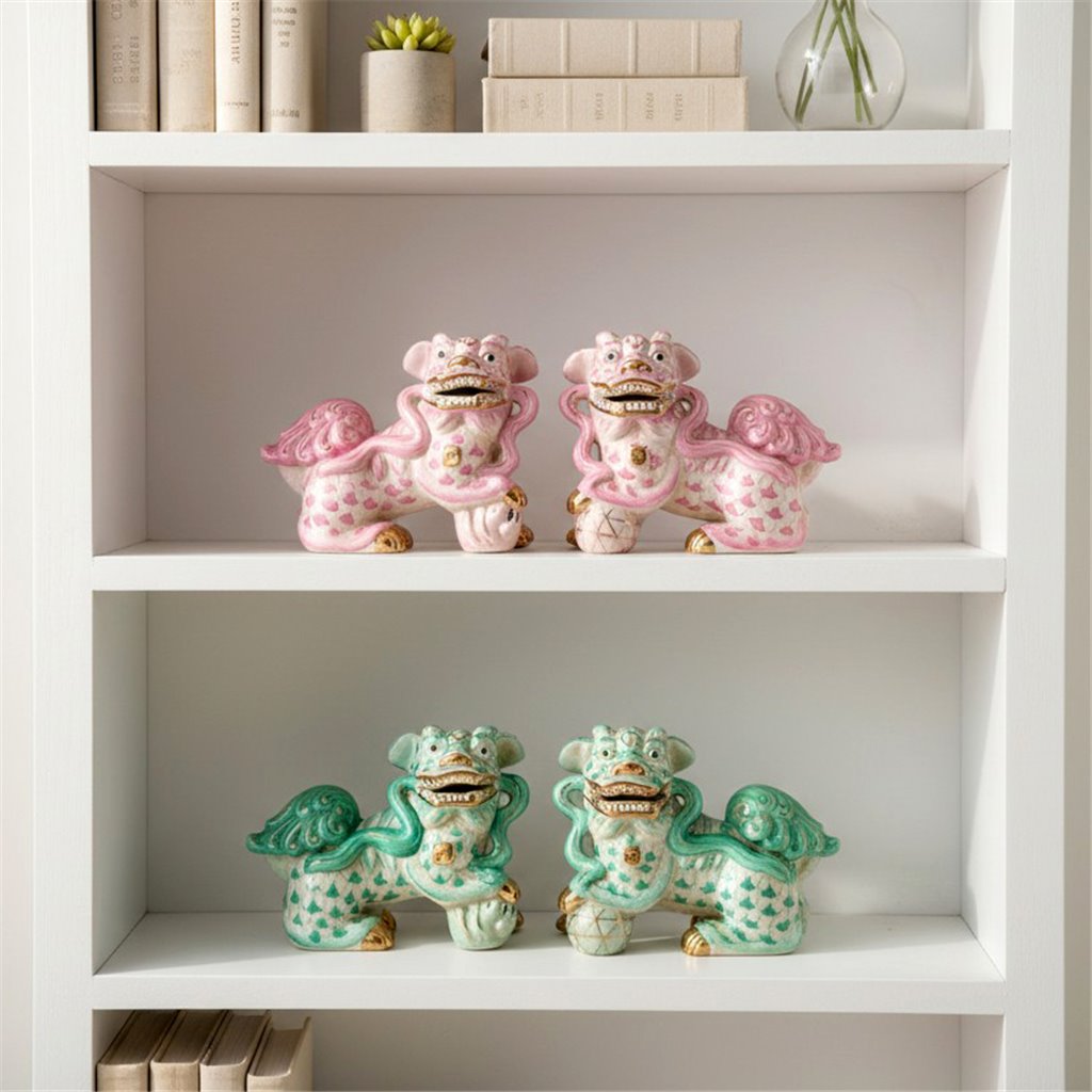 Danny’s Fine Porcelain - Teal & White Fishnet Spaniel Foo Dog Figure Pair W/ Gold Accent: 7Lx3.5Wx5.5H