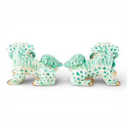 Danny’s Fine Porcelain - Teal & White Fishnet Spaniel Foo Dog Figure Pair W/ Gold Accent: 7Lx3.5Wx5.5H