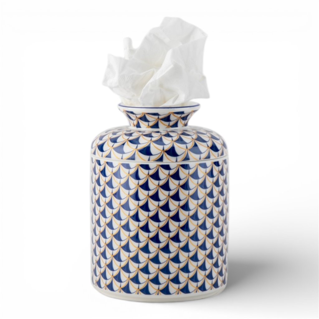Danny's Fine Porcelain: Blue Fishnet Porcelain Tissue Box Cover – Round Hand-Painted Decorative Tissue Holder, 7” #41435
