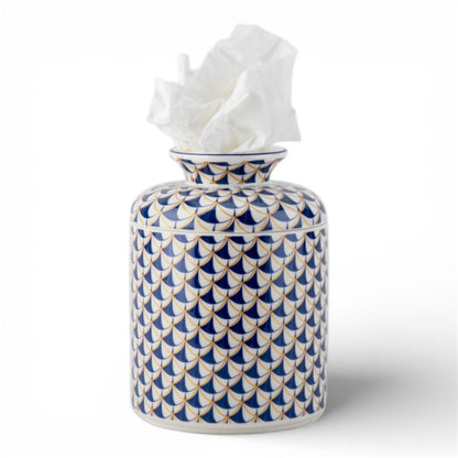 Danny's Fine Porcelain: Blue Fishnet Porcelain Tissue Box Cover – Round Hand-Painted Decorative Tissue Holder, 7” #41435