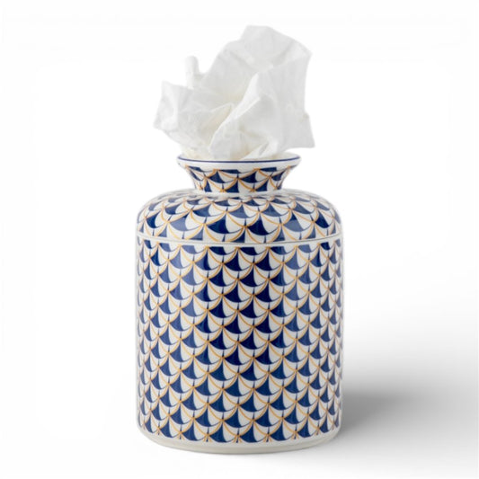 Danny's Fine Porcelain: Blue Fishnet Porcelain Tissue Box Cover – Round Hand-Painted Decorative Tissue Holder, 7” #41435