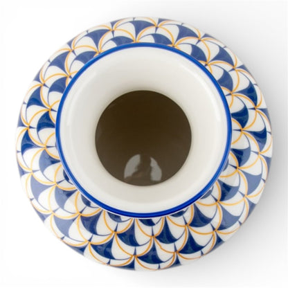 Danny's Fine Porcelain: Blue Fishnet Porcelain Tissue Box Cover – Round Hand-Painted Decorative Tissue Holder, 7” #41435