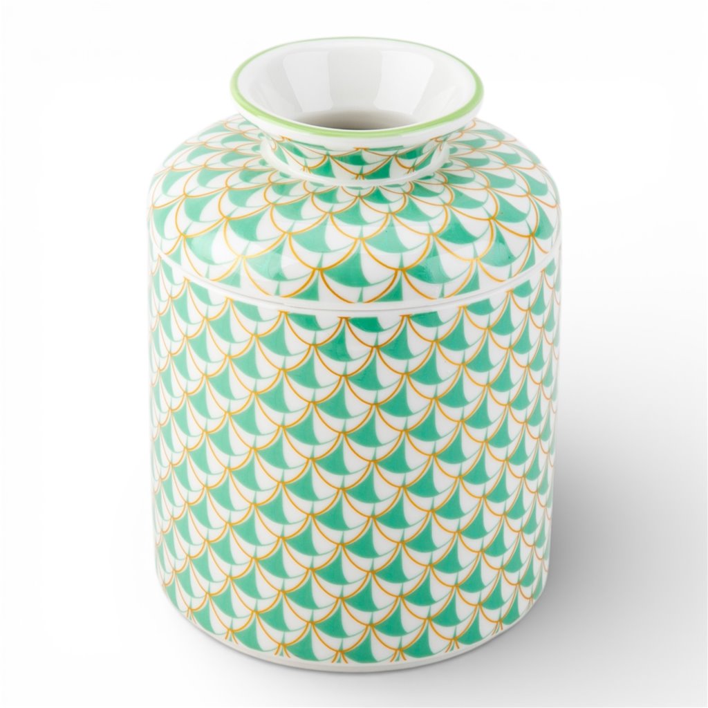 Danny's Fine Porcelain: Teal Green Fishnet Porcelain Tissue Box Cover – Round Hand-Painted Decorative Tissue Holder, 7” #41436
