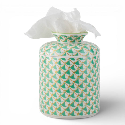 Danny's Fine Porcelain: Teal Green Fishnet Porcelain Tissue Box Cover – Round Hand-Painted Decorative Tissue Holder, 7” #41436