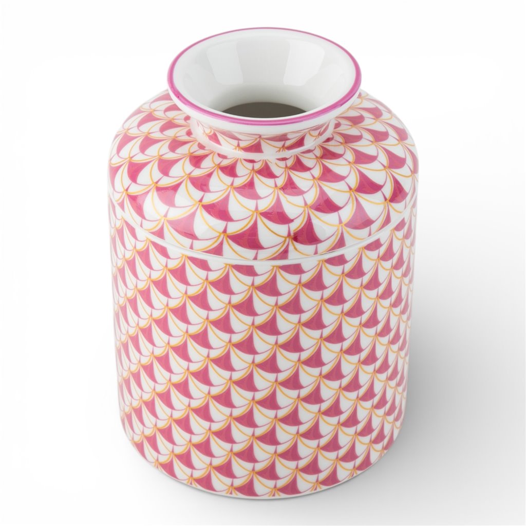 Danny's Fine Porcelain: Pink Fishnet Porcelain Tissue Box Cover – Round Hand-Painted Decorative Tissue Holder, 7” #41437