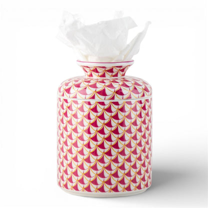 Danny's Fine Porcelain: Pink Fishnet Porcelain Tissue Box Cover – Round Hand-Painted Decorative Tissue Holder, 7” #41437