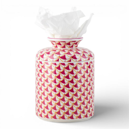Danny's Fine Porcelain: Pink Fishnet Porcelain Tissue Box Cover – Round Hand-Painted Decorative Tissue Holder, 7” #41437