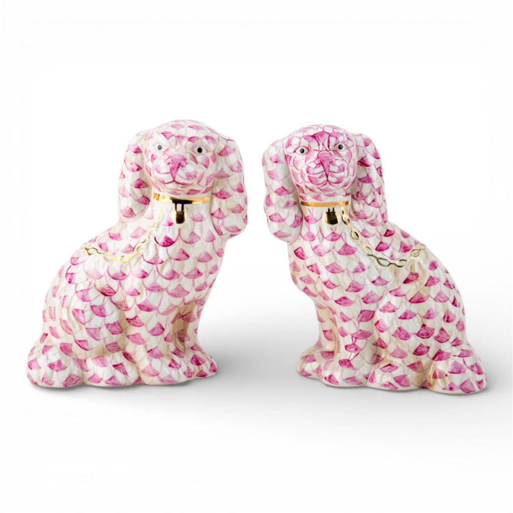 Danny’s Fine Porcelain | Fishnet Pink Spaniel Dog Figure Pair W/ Gold Accent (5.5”H X 9Lx2W)