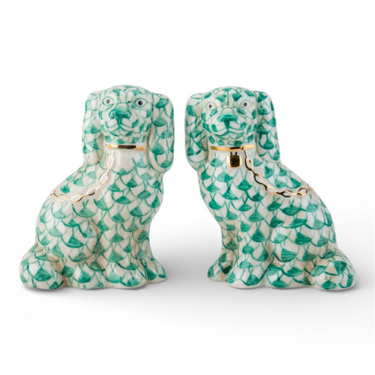 Danny’s Fine Porcelain | Fishnet Teal Green Spaniel Dog Figure Pair W/ Gold Accent (5.5”H X 9Lx2W)