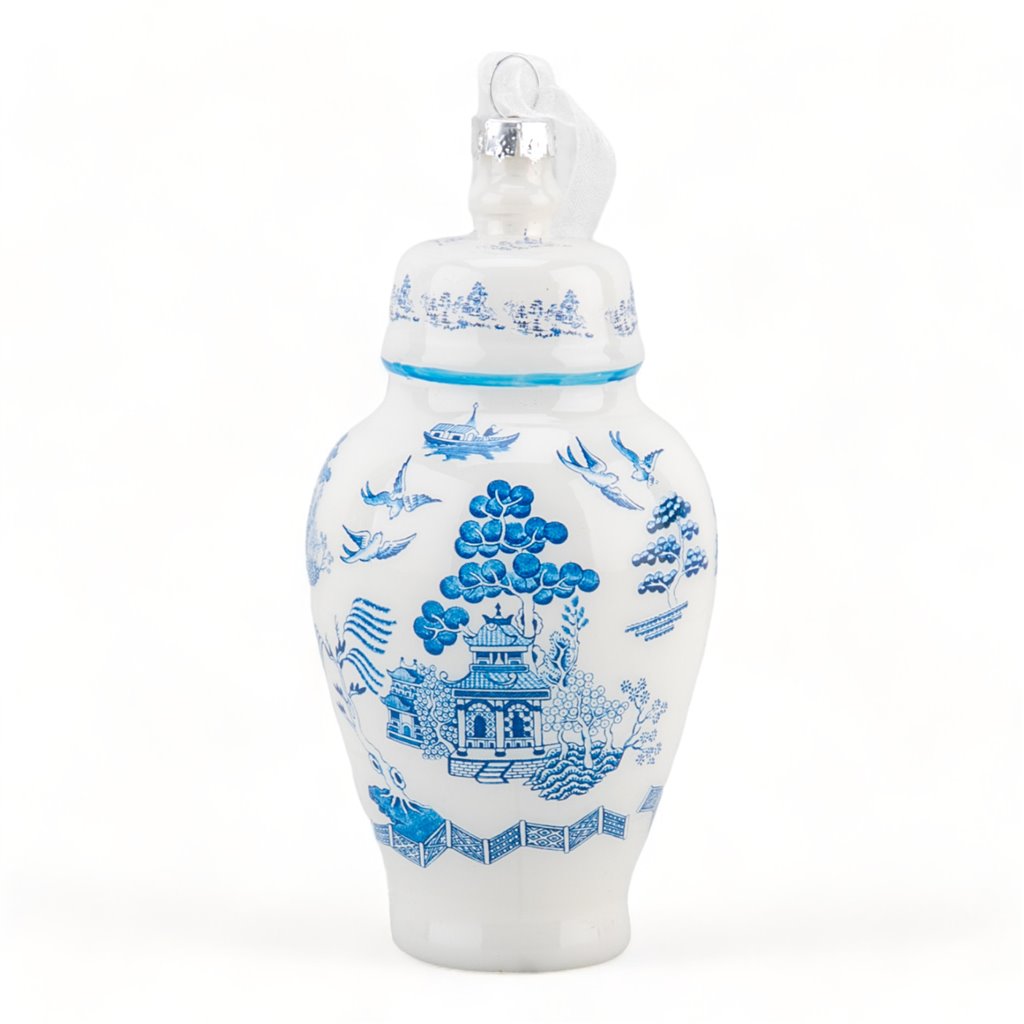 Danny’s Fine Porcelain Blue Chinoiserie Willow Ginger Jar Glass Ornament | 5”H