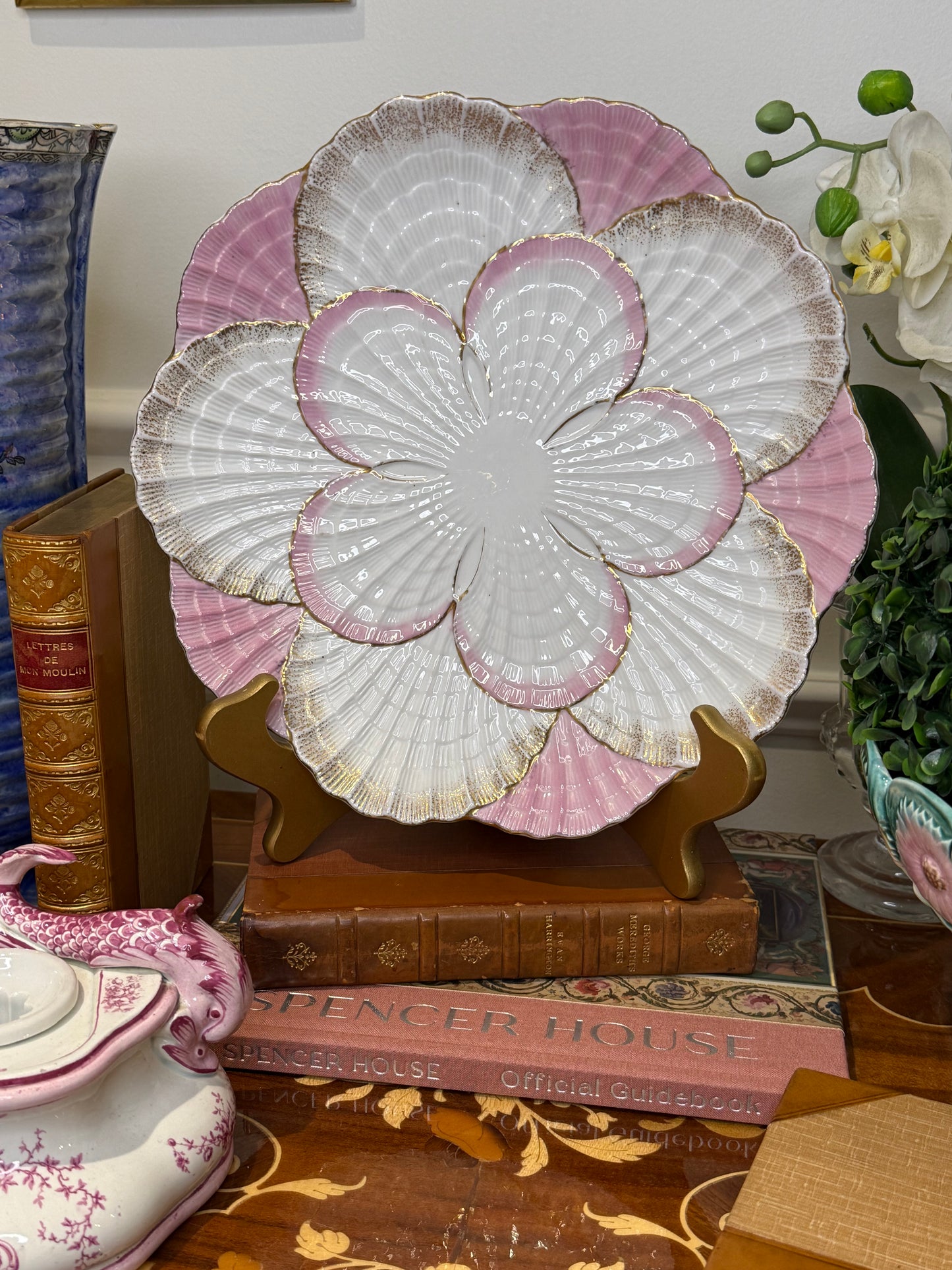 Antique German Porcelain Oyster Plate | Pink, White & Gold Radial Shell Arrangement | 10.5” Diameter