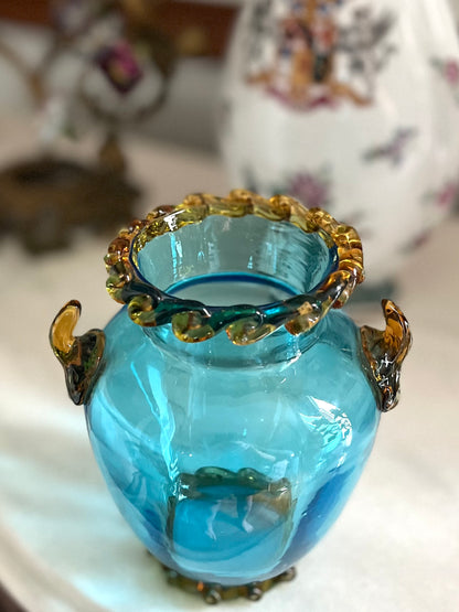 Antique Bohemian Aqua Art Glass Vase with Applied Amber Rigaree & Handles | 5”