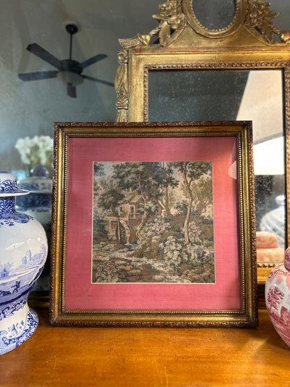 Antique European Hand-Stitched Needlepoint Landscape in Gilt Frame, c. 1890–1920