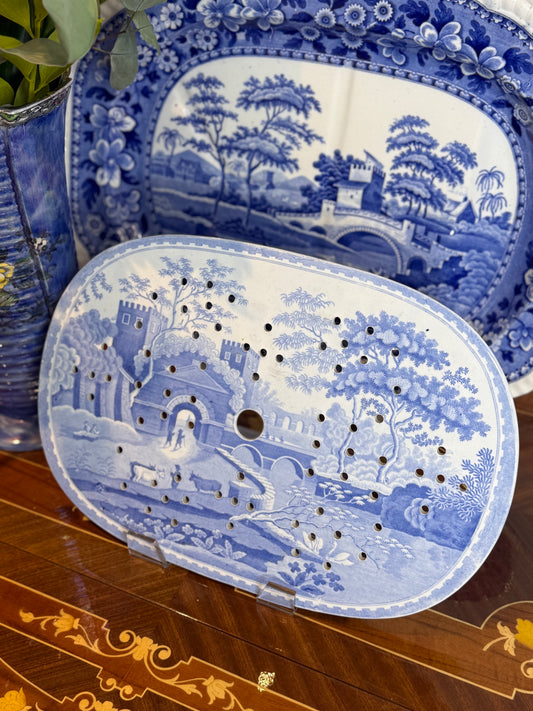 Antique Spode Blue & White Drainer, “Boudron Castle” Caramanian Series, c.1815–1833, 15” x 10” #DA4552