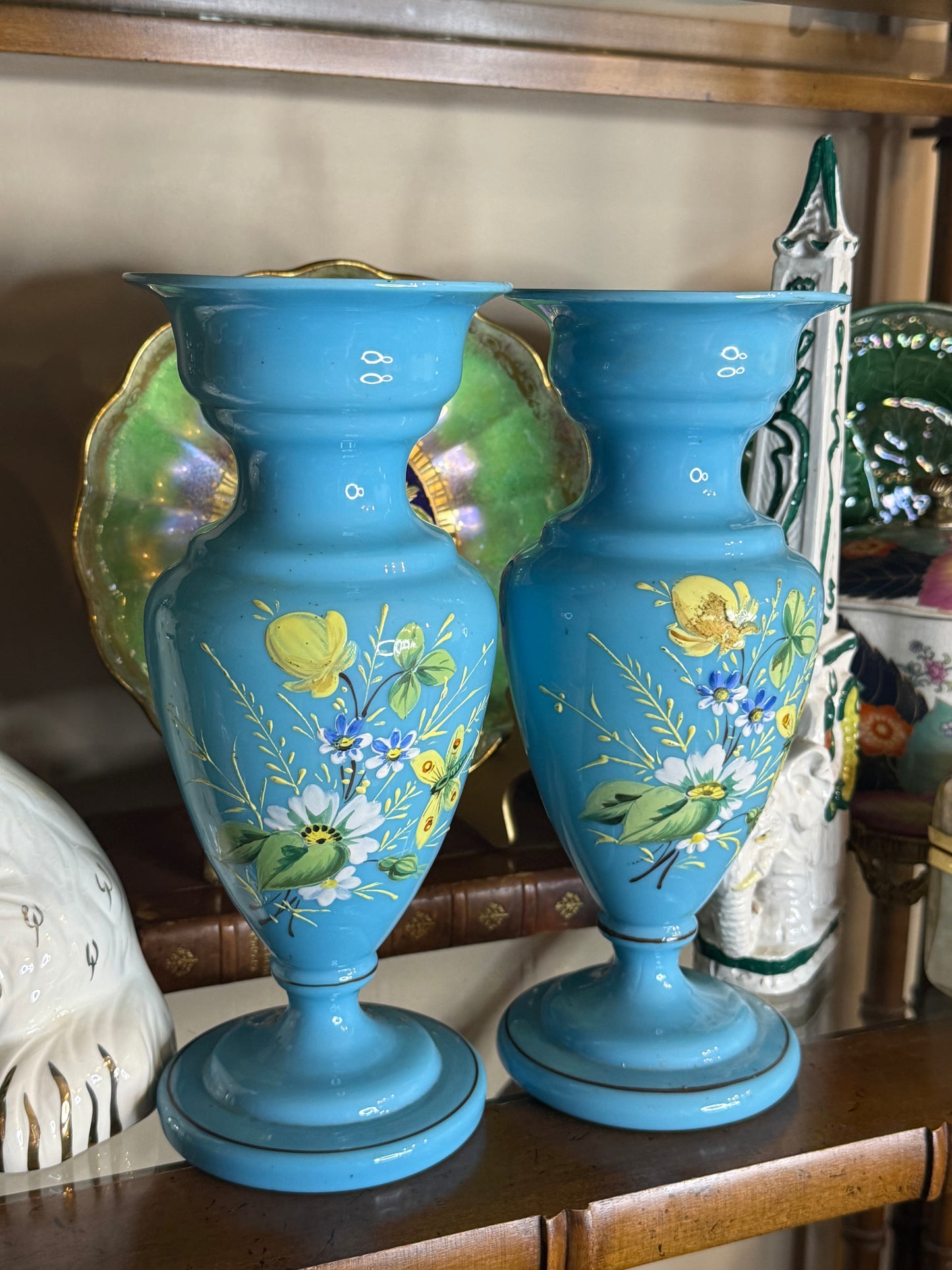 Antique Victorian Bristol Blue Opaline Glass Vases with Hand-Painted Florals & Butterflies | Pair | 10”