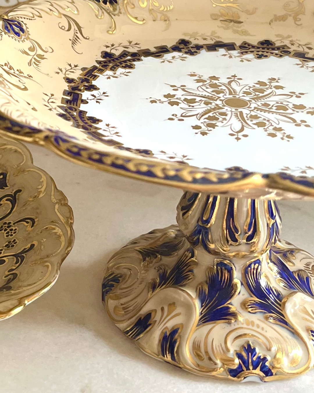 Early 19th Century Coalport England Three-Piece Dessert Set | Cobalt, Rich Cafe Au Lait & Gilt
