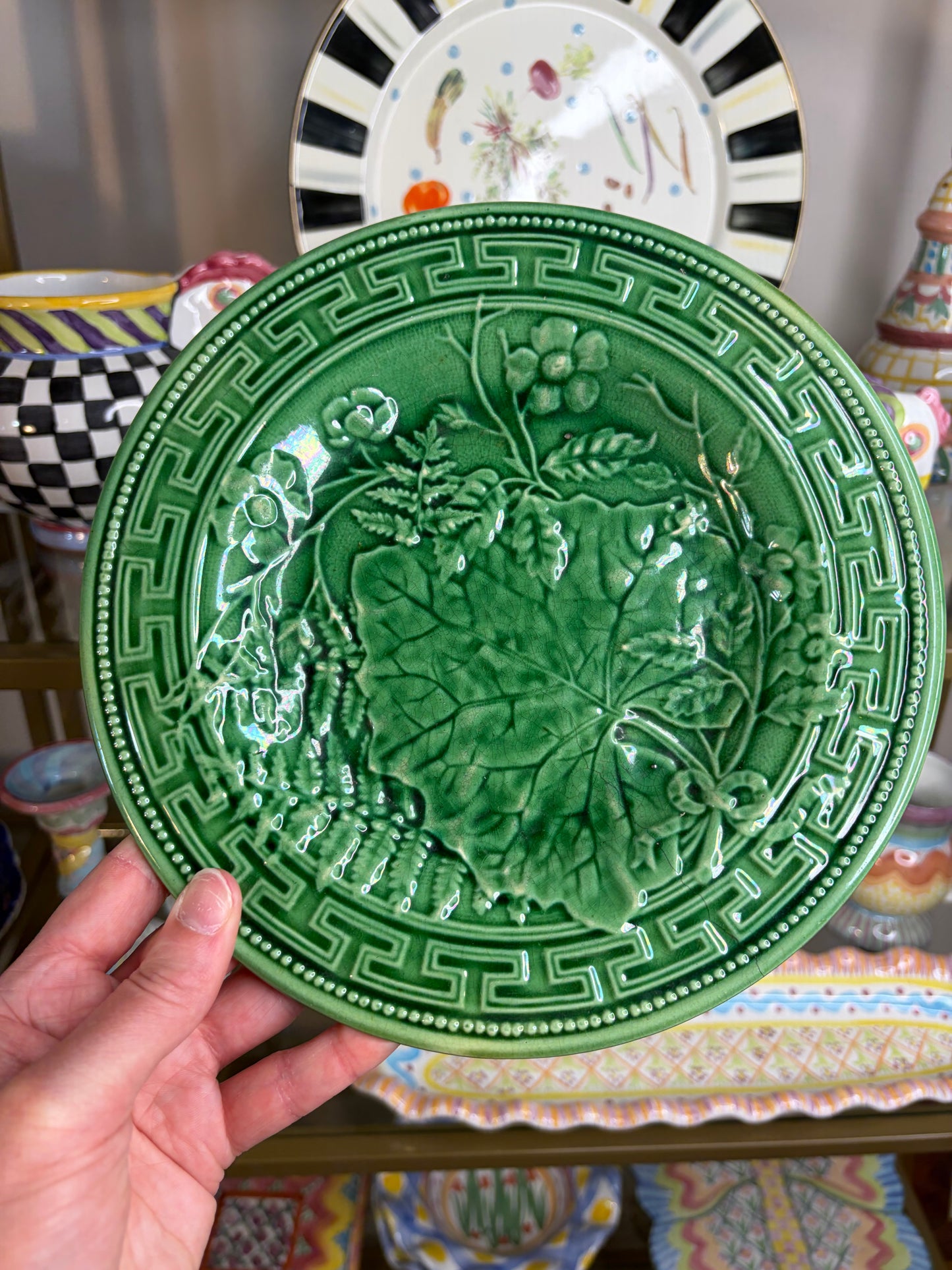 Lovely majolica green plate with Greek key border! As is!