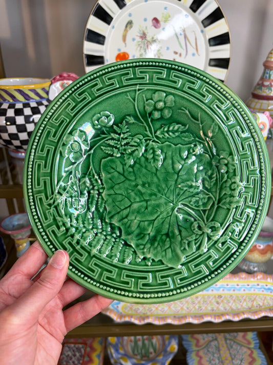 Lovely majolica green plate with Greek key border! As is!