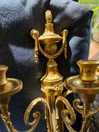 Stunning Louis XVI style ornate brass sconces pair with 3 arms!