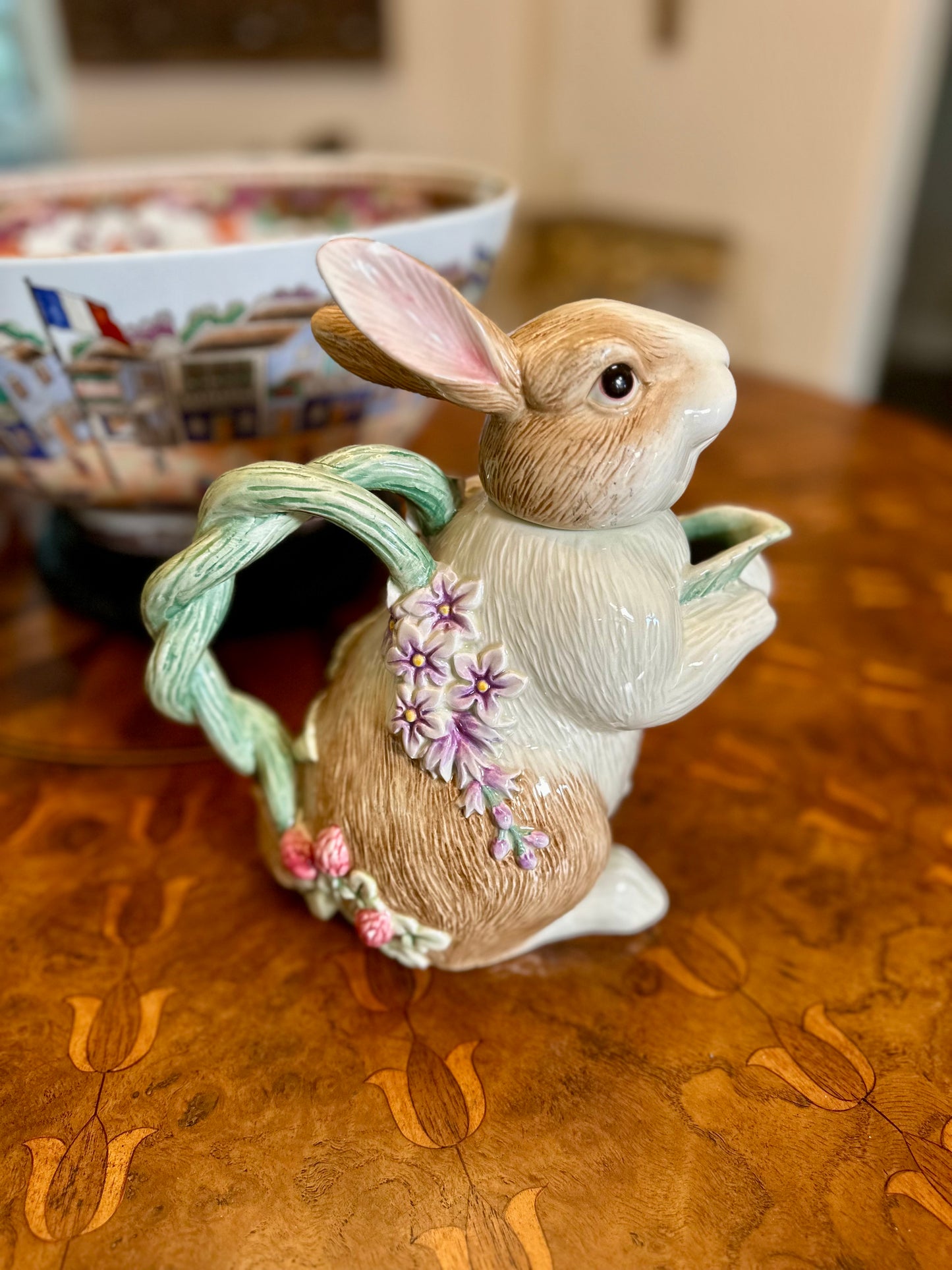 Adorable Fitz & Floyd “Botanical Bunny” Tea Service — Teapot, Lidded Sugar with Spoon & Creamer