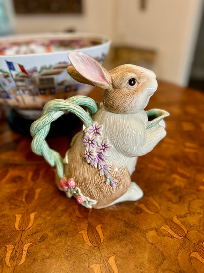 Adorable Fitz & Floyd “Botanical Bunny” Tea Service — Teapot, Lidded Sugar with Spoon & Creamer
