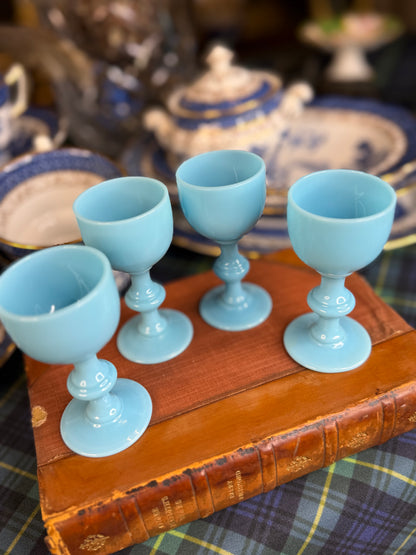 Vintage French Blue Opaline Glass Cordials | Set of 4 | Petite Stemmed Goblets | 3.25”