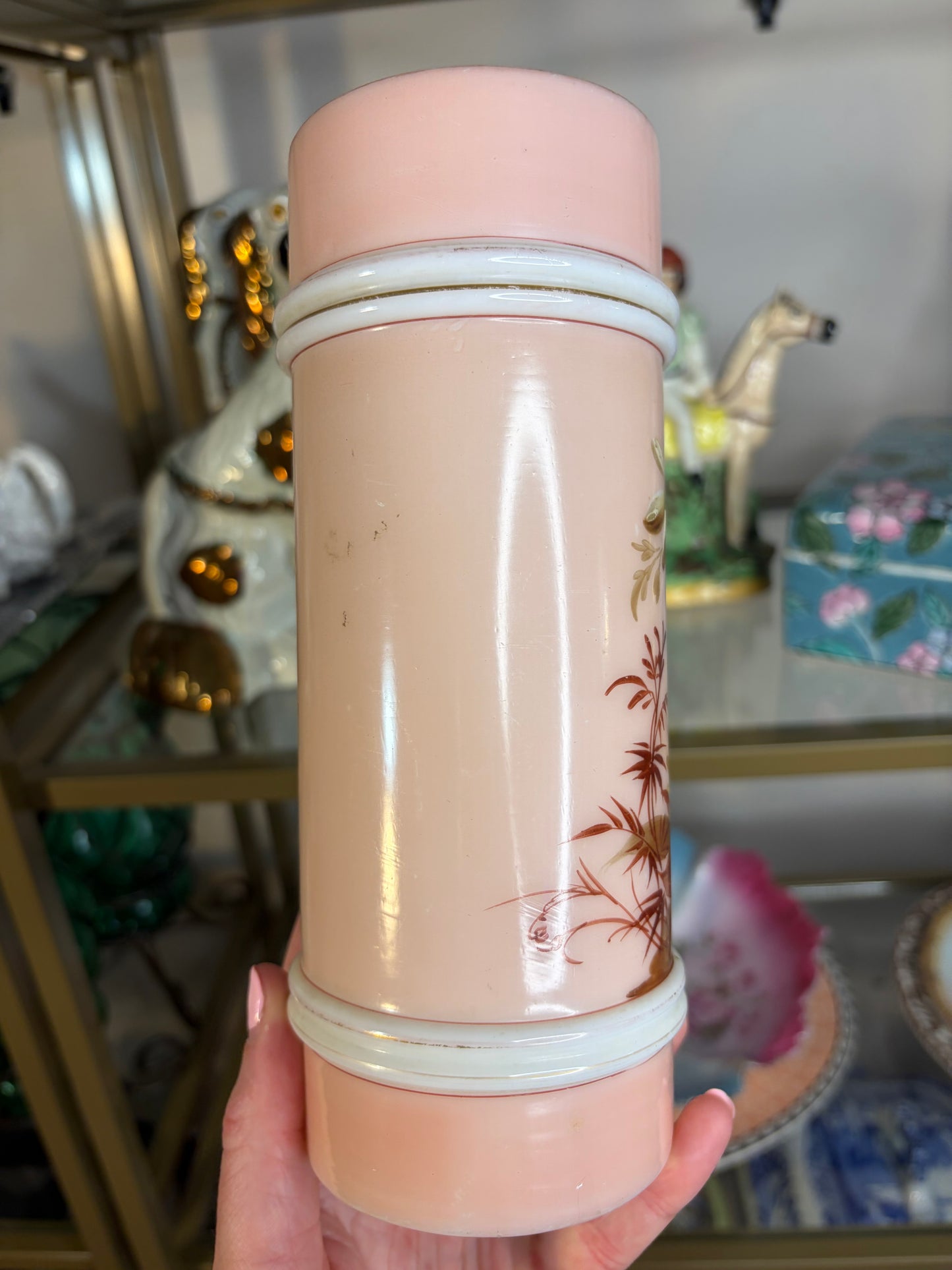 Antique Smith Brothers Mt. Washington Art Glass Ring Vase with handpainted florals!