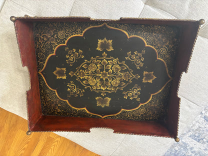 Stunning extra large gallery tole tray with designs and brass feet!