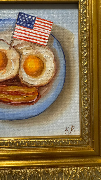 Original American Breakfast Oil Painting – Bacon and Eggs with USA Flag in Vintage Gold Frame
