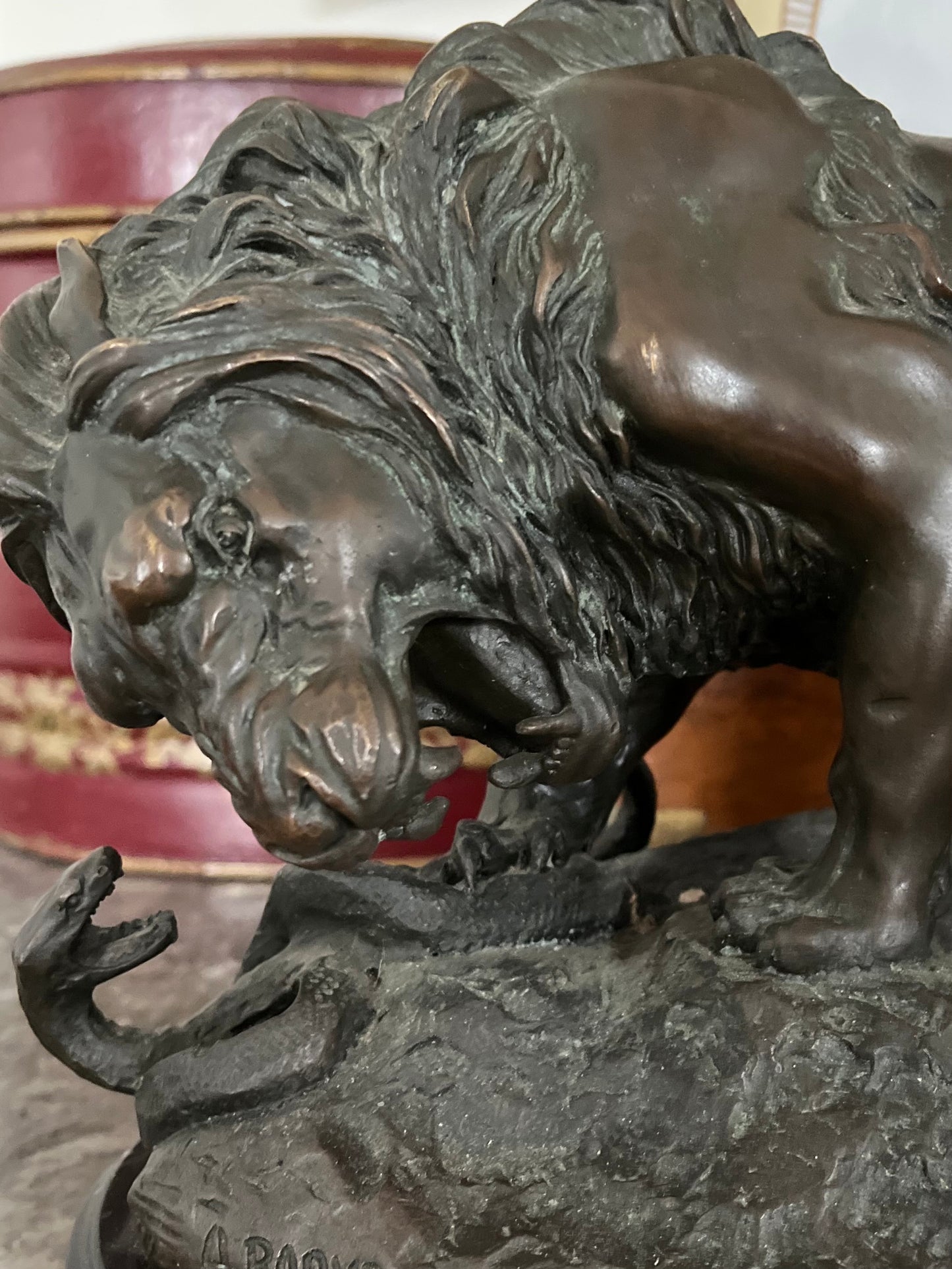 French Animalier Bronze Lion Sculpture “Lion au Serpent” (Barye Recast) on Marble Plinth — Early 20th Century
