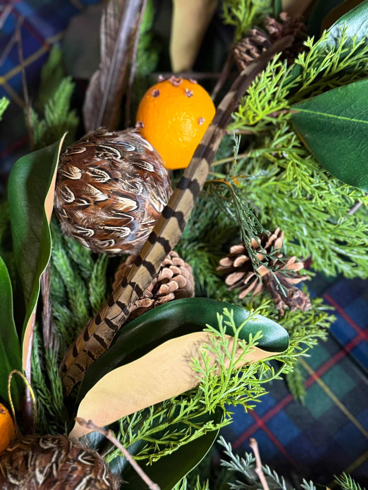 Custom English Countryside Pheasant, Magnolia & Pomander Fall Wreath | 30” Handcrafted Luxury Holiday Wreath
