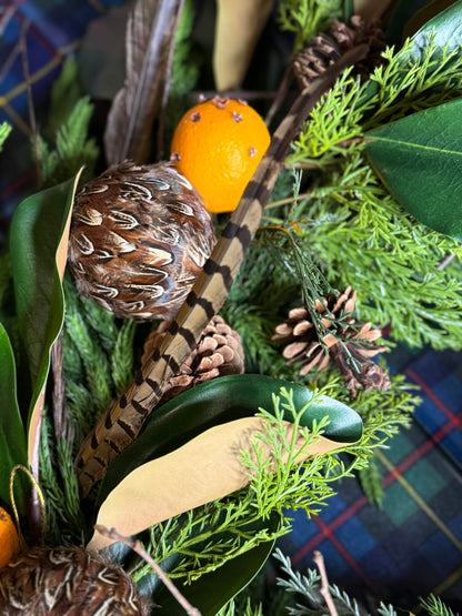 Custom English Countryside Pheasant, Magnolia & Pomander Fall Wreath | 30” Handcrafted Luxury Holiday Wreath