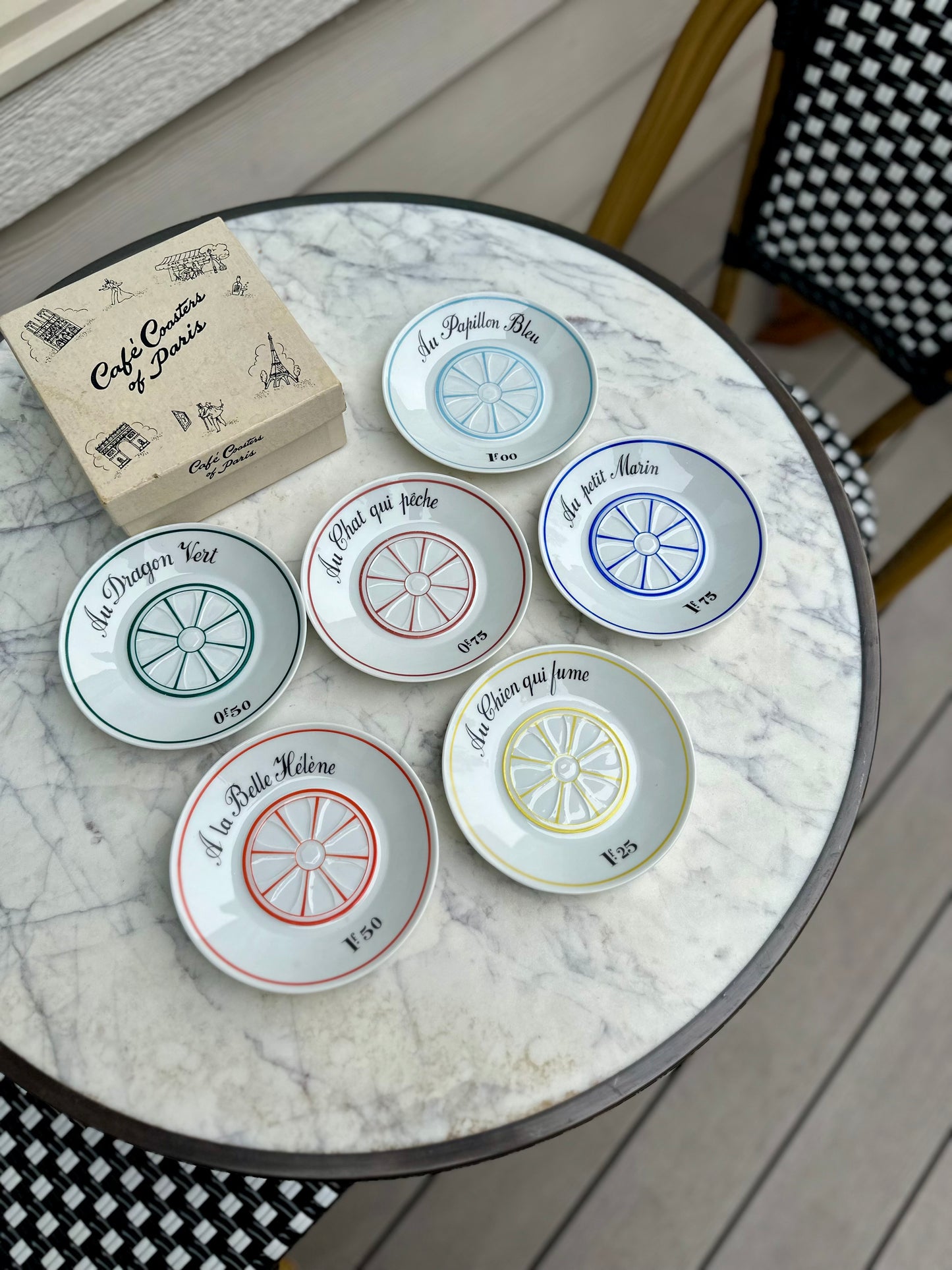 Vintage French Café Price Saucers (Tipping Plates) by Louis Lourioux for Le Faune | Complete Set of 6 with Original Box, circa 1940-1970