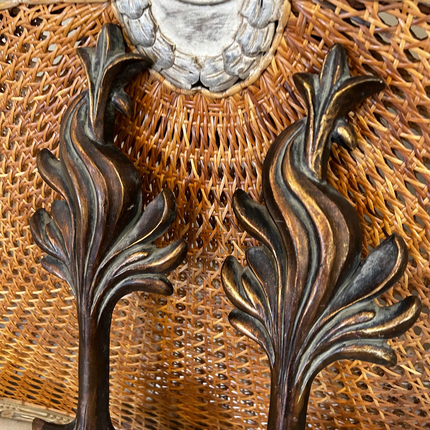 Vintage Statuesque Hollywood regency Carved Wood Baroque Flame wall Sconces.