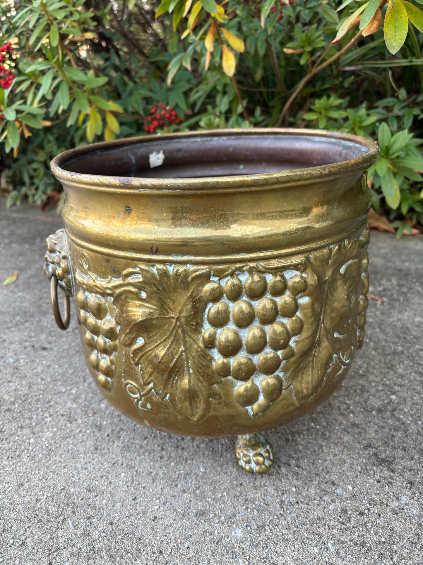 Beautiful large brass planter with grape vine motif, Lion handles, and claw feet! As is!