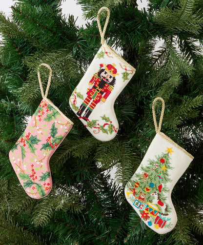 Holly Embroidered Mini Christmas Stocking | Needlepoint Style Holiday Decor | 6" x 4.25"