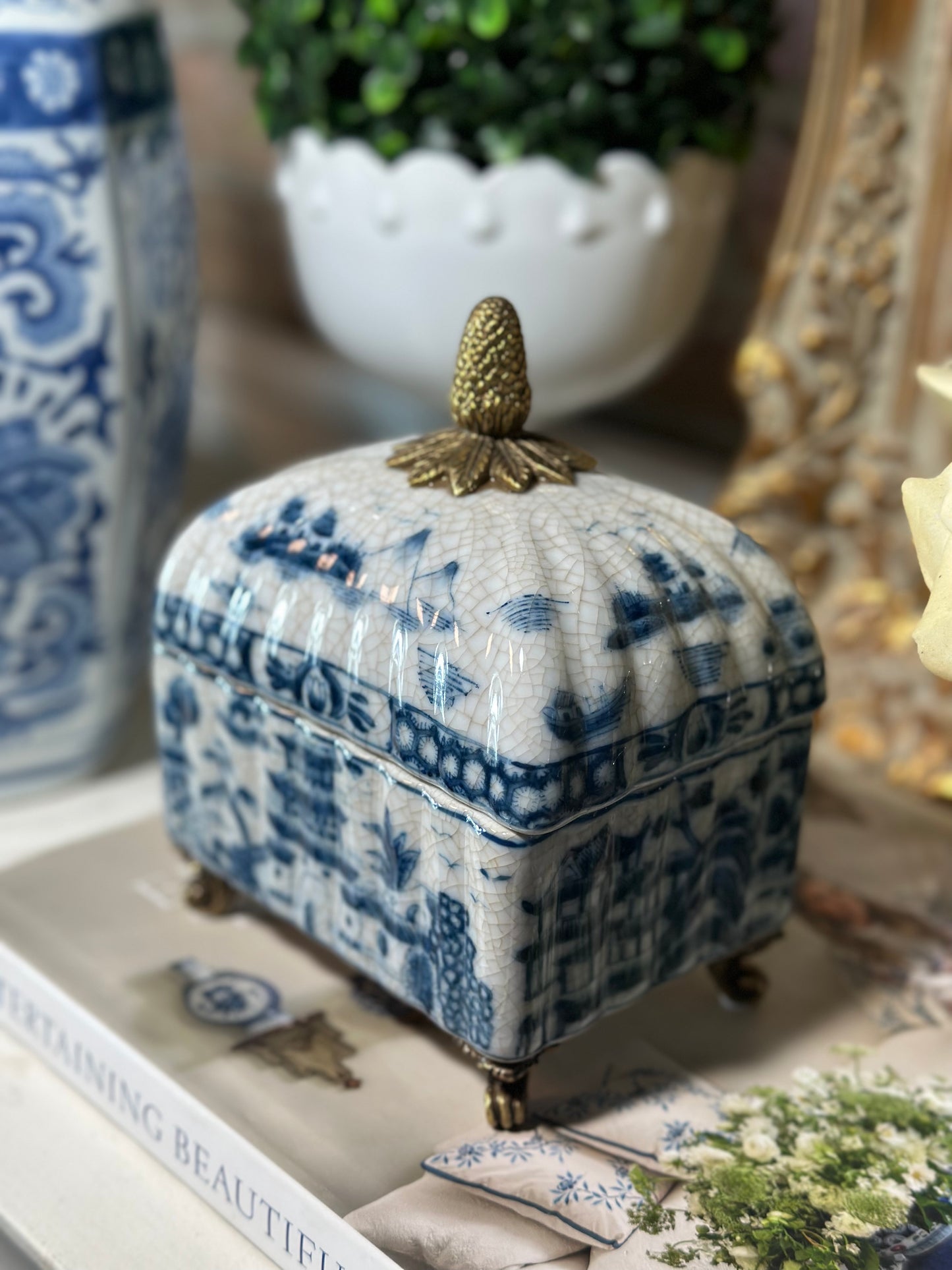 STUNNING - Blue & White Porcelain Bronze Footed Box W/ Lid