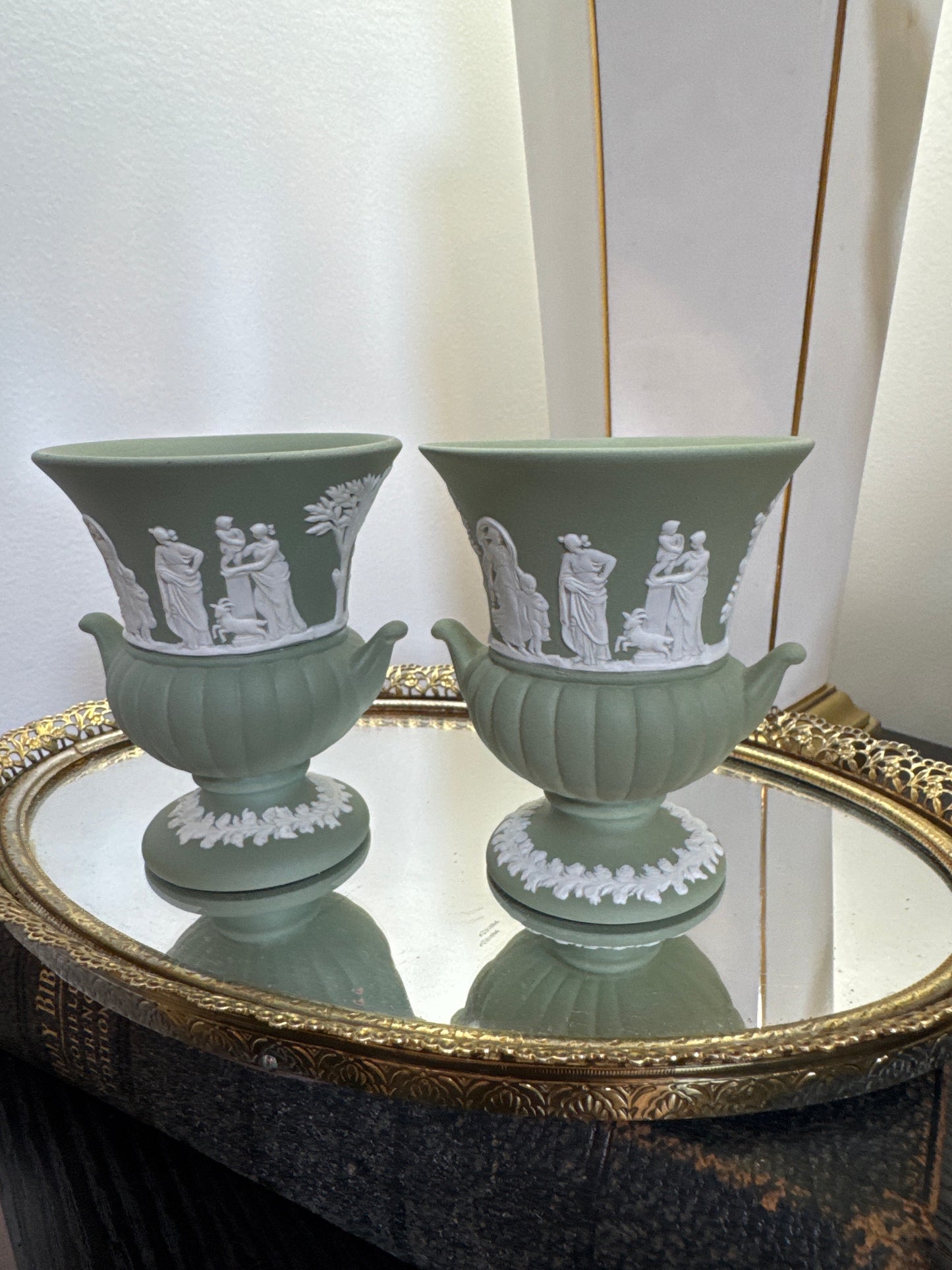 Wedgwood sage green pair of small vases 3.5” tall