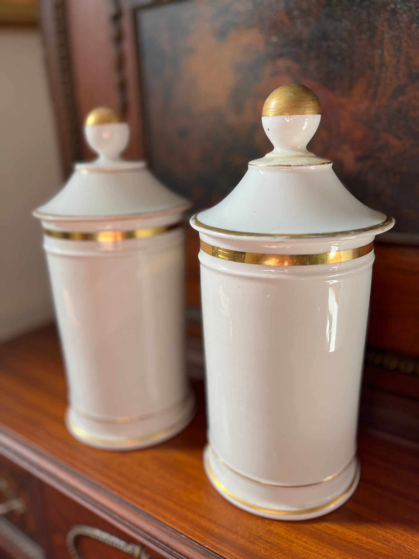 Pair of Antique French Porcelain Apothecary Jars with Portrait Medallions