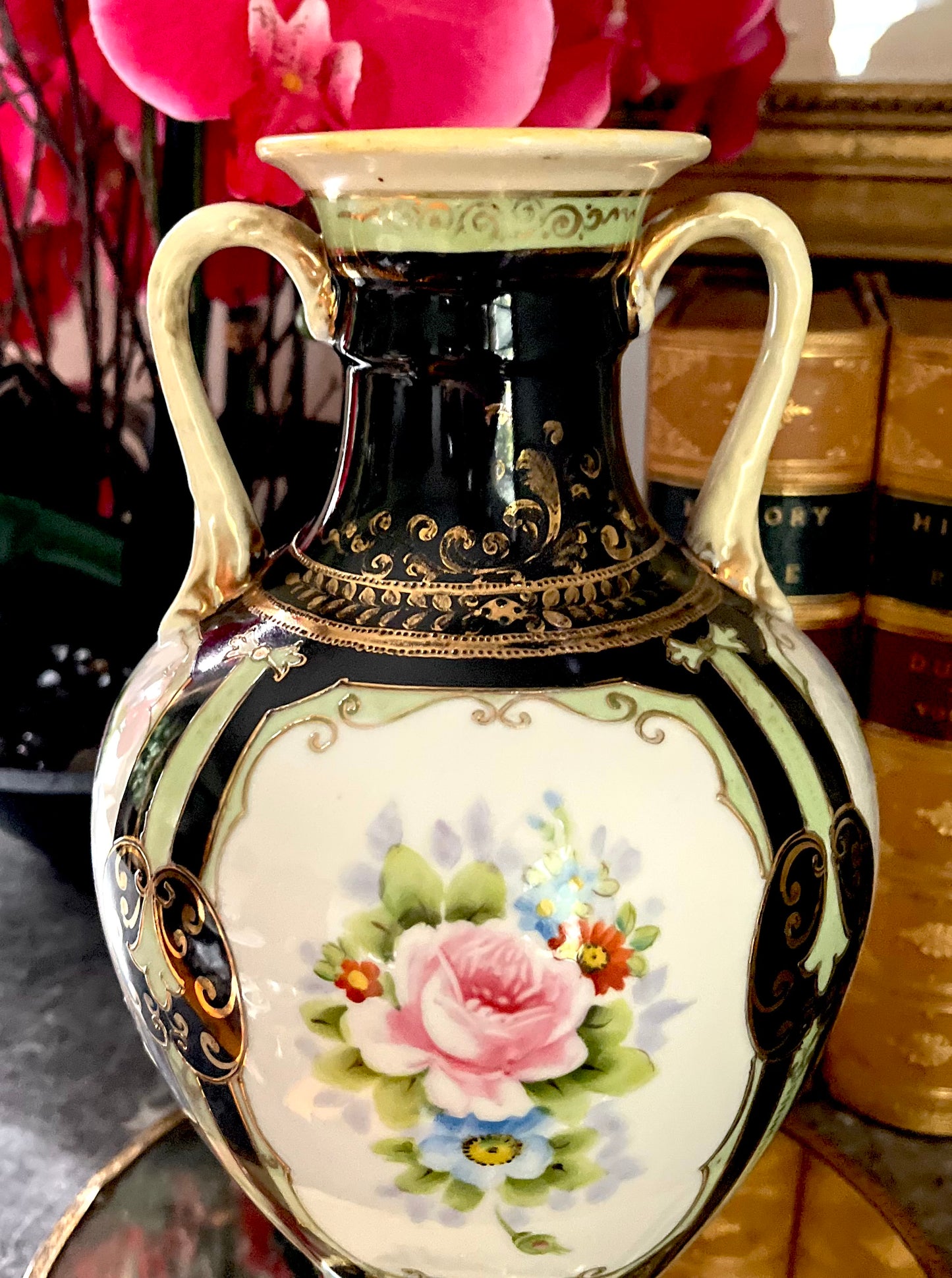 Antique Nippon Moriage Bolster Vase - Rare Black Ground, circa 1891–1921