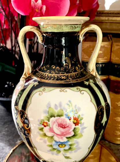 Antique Nippon Moriage Bolster Vase - Rare Black Ground, circa 1891–1921