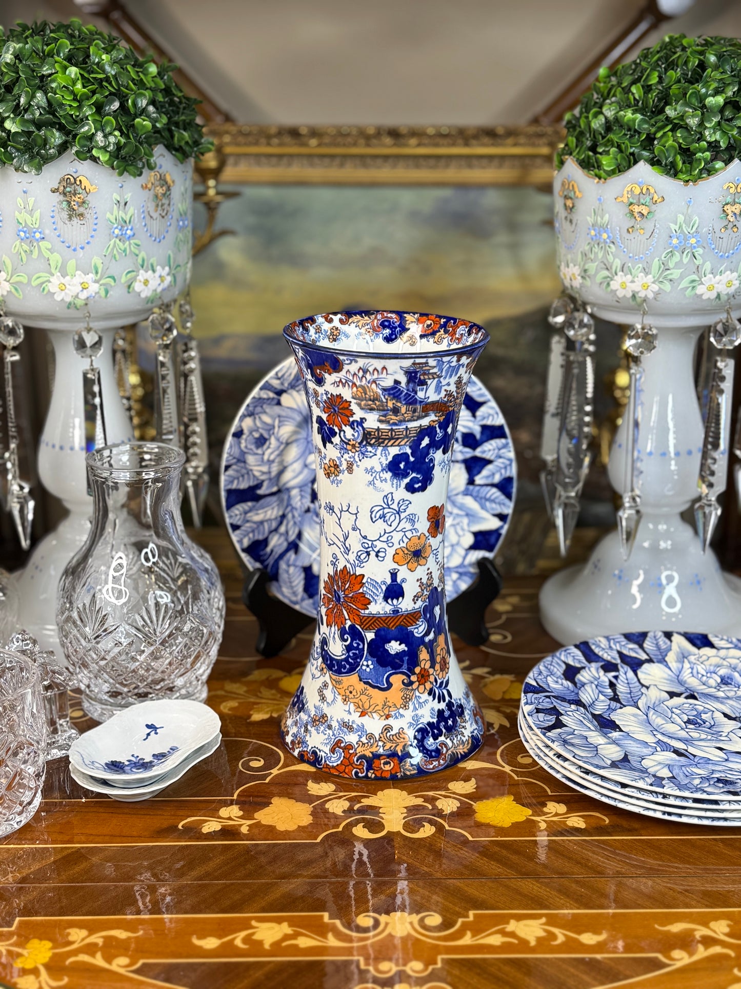 Antique English Imari-Style Vase | Blue, Rust & White Transferware | 10” Tall